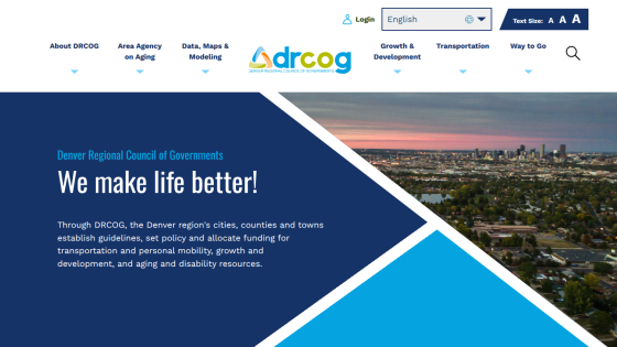 Denver Regional Council of Governments homepage with navigation and a hero section stating 'We make life better!' and a cityscape background.