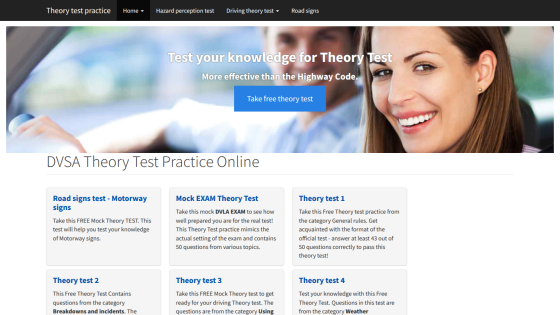 DVSA Theory Test Practice Online with options for various theory tests and a smiling woman in a car.