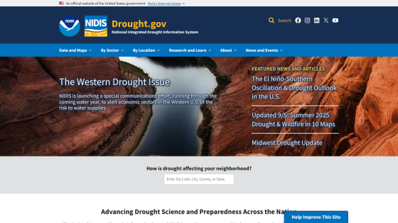 Drought.gov homepage featuring the Western Drought Update and navigation links.