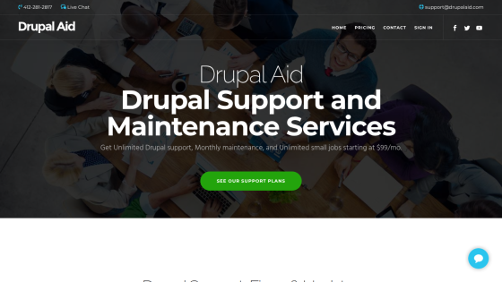 Drupal Aid offers support and maintenance services with a clear call to action.