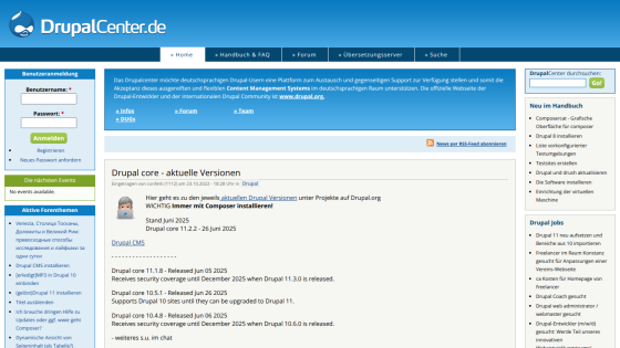 DrupalCenter homepage displaying current versions and updates for Drupal.