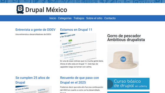 Drupal México homepage featuring articles and a course advertisement.
