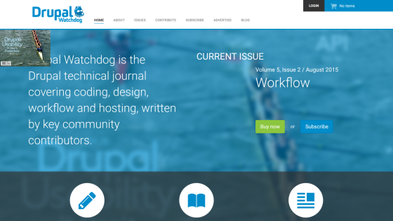 Current issue of Drupal Watchdog featuring 'Workflow' with subscription options.