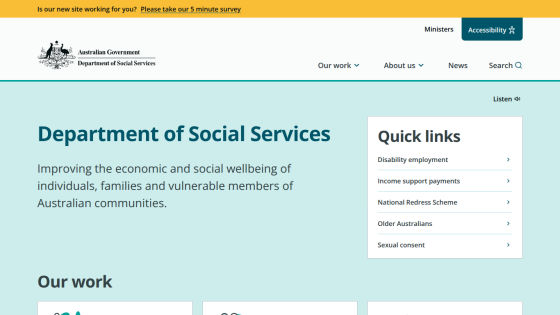 Department of Social Services homepage with links to services and information.