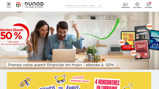 Homepage featuring a 50% discount on ebooks and promotional offers.
