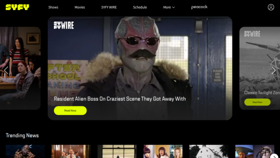 Homepage of Syfy featuring trending shows and news articles.