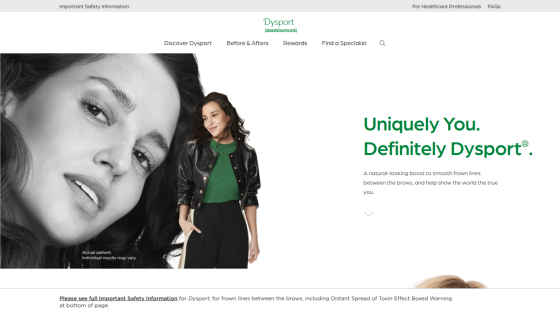 Dysport website hero section promoting a natural-looking boost to smooth frown lines with images of women and navigation links.