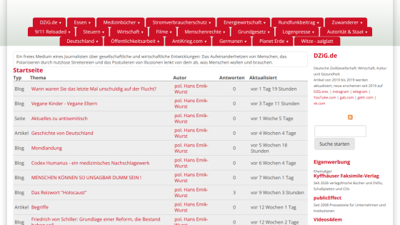 List of articles with titles, authors, and timestamps on a website.