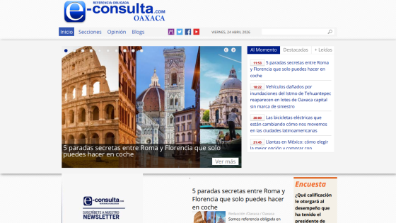Homepage of e-consulta with articles and images of landmarks.