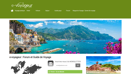 Travel guide website featuring a scenic coastal view and navigation options.