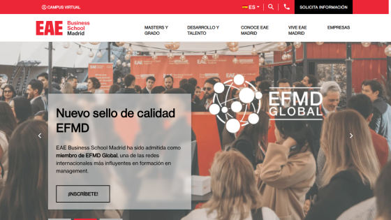 EAE Business School Madrid homepage with announcement of new EFMD quality seal and call to enroll