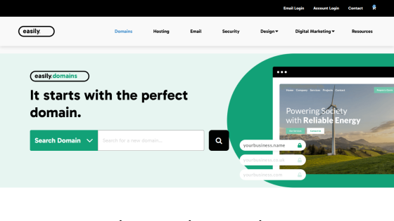 Domain registration service homepage with search domain input and tagline 'It starts with the perfect domain.'