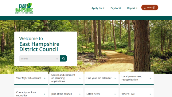 East Hampshire District Council homepage with welcome message, search bar, and navigation links for services and information.