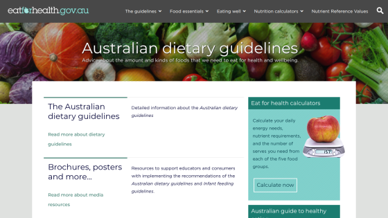 Australian dietary guidelines page with sections on guidelines and resources.