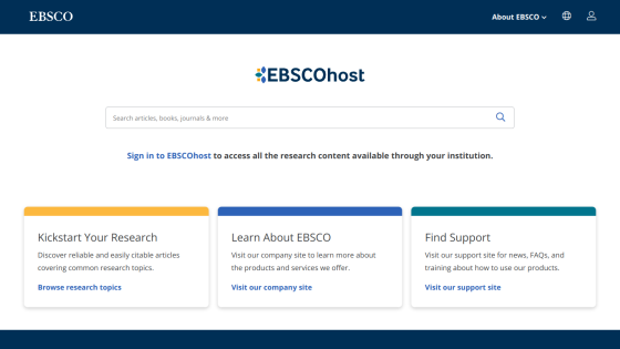 EBSCOhost homepage with search bar and research topic options.