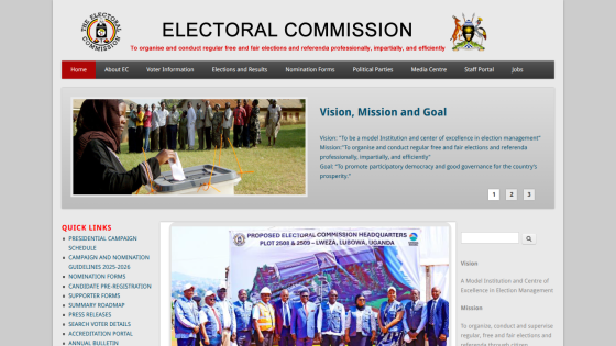 Electoral Commission homepage with navigation menu, vision and mission statements, and images of voters and officials