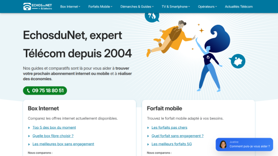 EchosduNet homepage featuring telecom services, contact number, and service options.