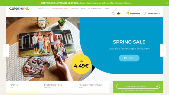 Spring sale promotion with pricing and photo products displayed prominently.