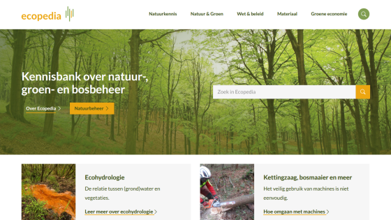 Ecopedia homepage with navigation, search bar, and featured topics on nature and forest management
