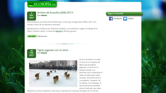 Website section featuring articles on ecological topics with images and text.