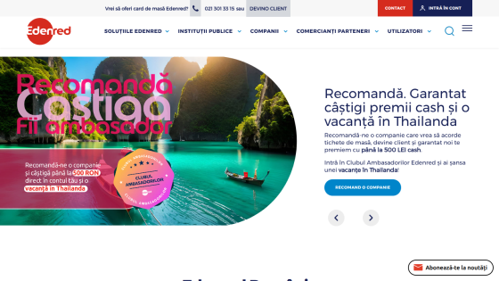 Edenred website promoting ambassador club with chance to win cash prizes and a vacation in Thailand
