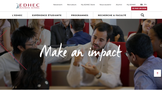 EDHEC Business School homepage featuring students engaged in discussion with 'Make an impact' text.