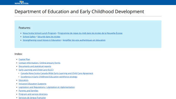 Department of Education and Early Childhood Development features and index list.