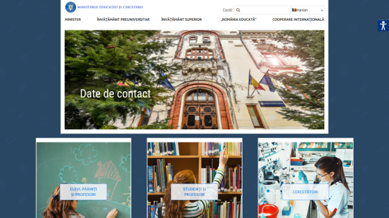 Website homepage featuring contact information and images of students and educational resources.