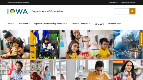 Iowa Department of Education website header with navigation and diverse educational images including children learning and technology