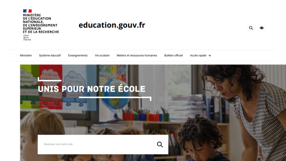 Homepage of the French Ministry of Education featuring a search bar and a slogan about unity for schools.