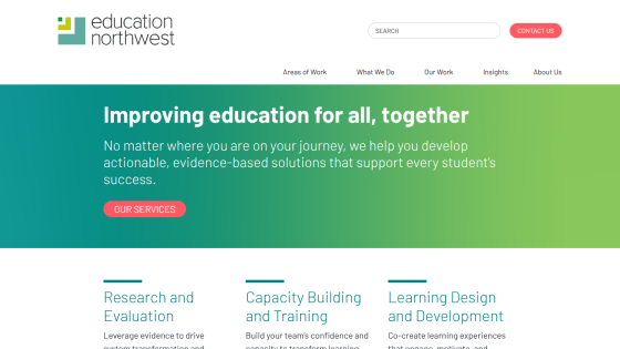Education Northwest homepage with navigation, search, contact button, and hero text about improving education with actionable solutions