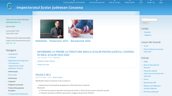 Inspectoratul Școlar Județean Covasna homepage with contact info, navigation menu, and announcements for school year 2025-2026