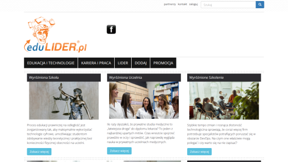 Homepage of eduLIDER.pl featuring sections on education and technology.