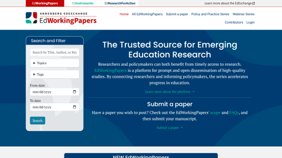 EdWorkingPapers homepage with search filter and info on submitting education research papers