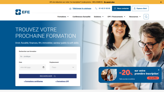 Website offering training courses with search form and navigation menu in French