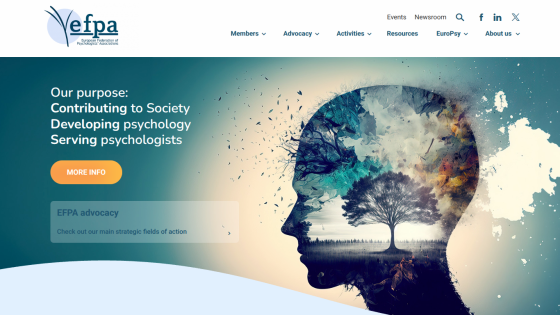 European Federation of Psychologists' Associations homepage with purpose statement and artistic human head illustration