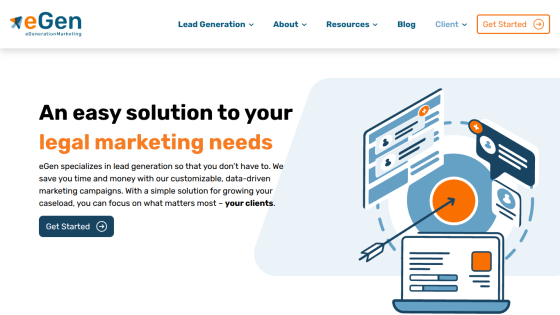 Homepage promoting legal marketing solutions with a call to action button.
