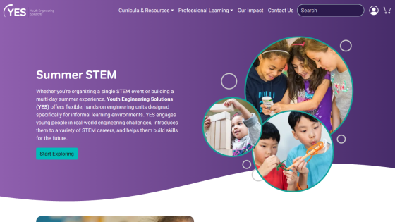 Promotional section for Summer STEM program with children engaging in activities.