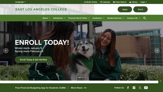 Easy Los Angeles College enrollment page with headline, call to action button, and smiling woman with dog