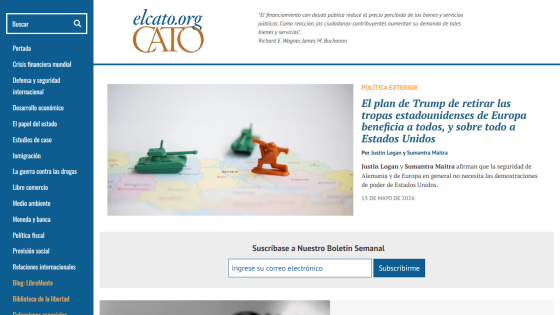 Homepage of elcato.org featuring an article on U.S. troop withdrawal with toy tanks on a map.