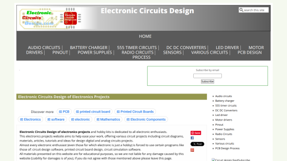 Homepage of Electronic Circuits Design featuring project categories and a search bar.