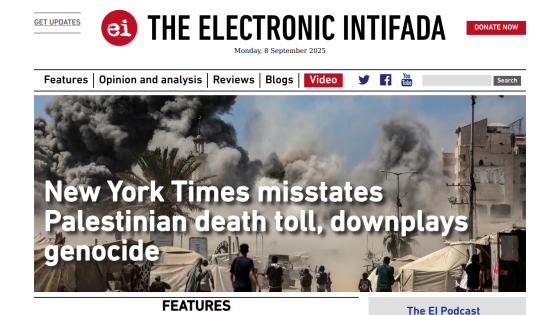Headline about New York Times misreporting Palestinian death toll on The Electronic Intifada.