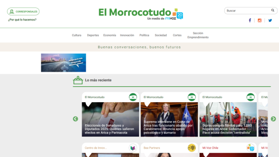 El Morrocotudo news site with navigation, slogan, and recent news articles on politics and society