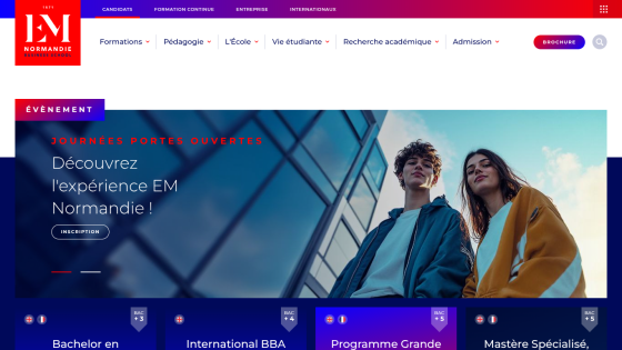EM Normandie Business School website promoting open days with registration button and program options