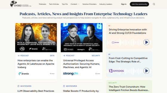 Enterprise Management 360 homepage featuring podcasts, articles, and news on AI, data, cybersecurity, and infrastructure with highlighted content and navigation