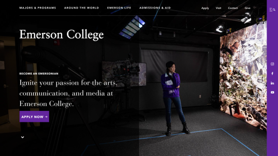 Emerson College homepage featuring a student in a studio setting with a call to action to apply.