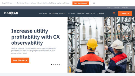 Hammer website promoting increased utility profitability with CX observability and a call to read blog article