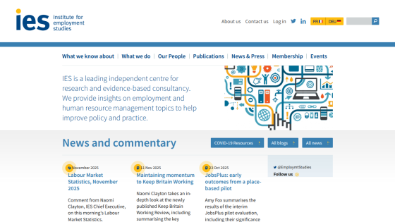Institute for Employment Studies homepage with navigation, consultancy description, and news commentary section