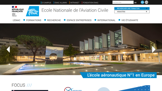 Homepage of Ecole Nationale de l'Aviation Civile featuring campus image and key text about aviation education.