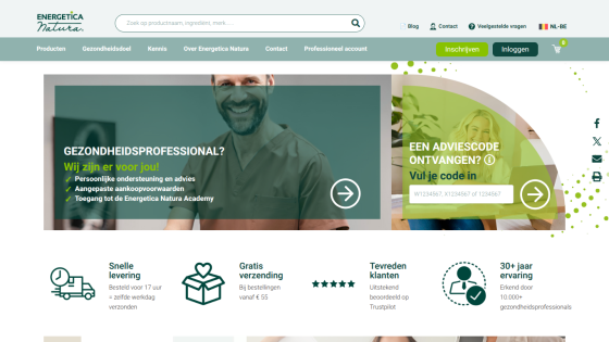 Energetica Natura homepage with navigation, search bar, health professional support info, advice code input, and service highlights